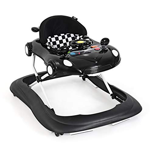 HONEY JOY Baby Walker, Activity Walker w/Adjustable Height, Convertible Food Tray, Padded Seat, Music & Light, Horn, Foldable Car Walker for Baby Boys Girls Age 6 Months+(Black)