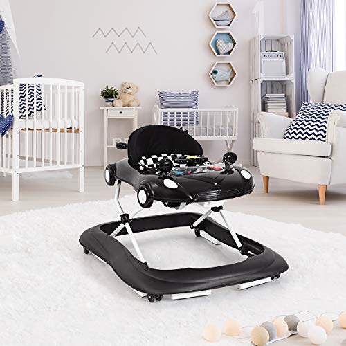 HONEY JOY Baby Walker, Activity Walker w/Adjustable Height, Convertible Food Tray, Padded Seat, Music & Light, Horn, Foldable Car Walker for Baby Boys Girls Age 6 Months+(Black)