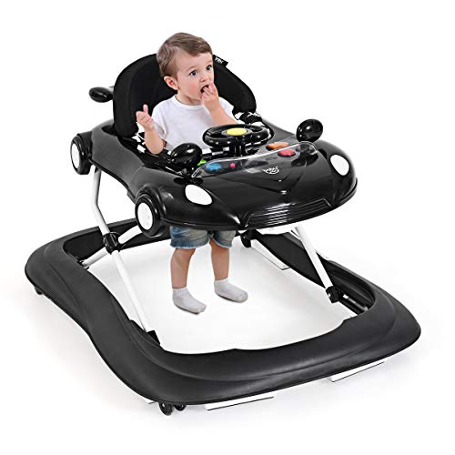 HONEY JOY Baby Walker, Activity Walker w/Adjustable Height, Convertible Food Tray, Padded Seat, Music & Light, Horn, Foldable Car Walker for Baby Boys Girls Age 6 Months+(Black)