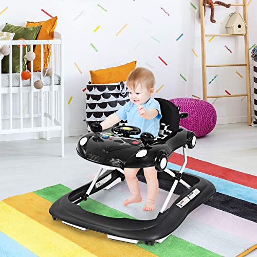 HONEY JOY Baby Walker, Activity Walker w/Adjustable Height, Convertible Food Tray, Padded Seat, Music & Light, Horn, Foldable Car Walker for Baby Boys Girls Age 6 Months+(Black)