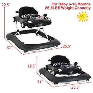 HONEY JOY Baby Walker, Activity Walker w/Adjustable Height, Convertible Food Tray, Padded Seat, Music & Light, Horn, Foldable Car Walker for Baby Boys Girls Age 6 Months+(Black)