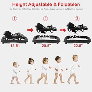 HONEY JOY Baby Walker, Activity Walker w/Adjustable Height, Convertible Food Tray, Padded Seat, Music & Light, Horn, Foldable Car Walker for Baby Boys Girls Age 6 Months+(Black)