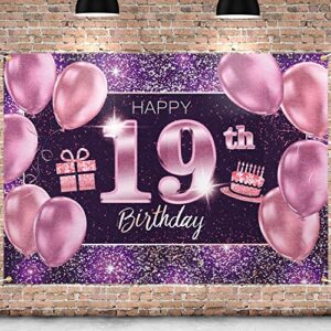 pakboom happy 19th birthday banner backdrop – 19 birthday party decorations supplies for women- pink purple gold 4 x 6ft
