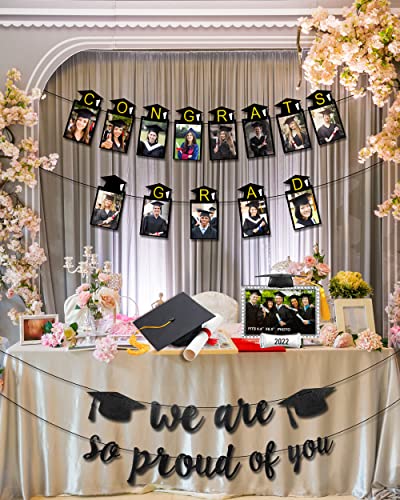 2 PCS 2022 Graduation Photo Banner Black Glittery Congrats Grad We are So Proud of You Garland Graduation Party Decorations Supplies