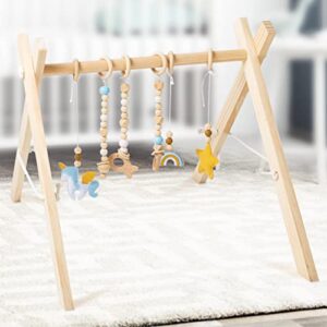 90210 baby wooden baby play gym – wooden play gym with 6 hanging toys, baby gym activity center for educational and creative learning