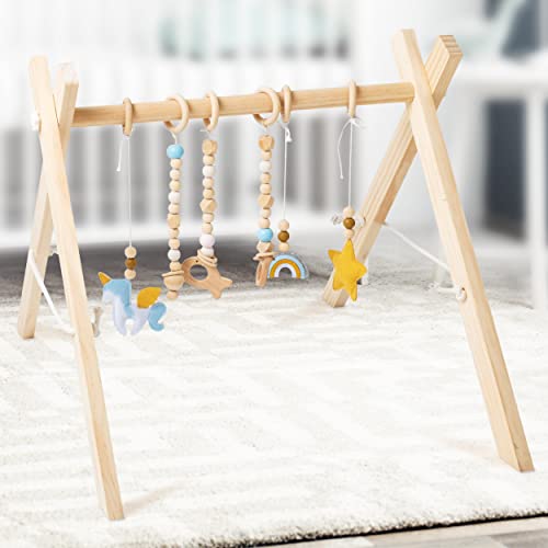 90210 Baby Wooden Baby Play Gym – Wooden Play Gym with 6 Hanging Toys, Baby Gym Activity Center for Educational and Creative Learning