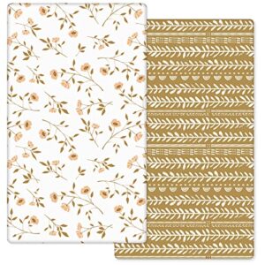 pack n play sheets, 2 pack portable mini crib sheets, soft jersey knit playard sheets, play mattress covers for baby girl boy, retro brown flower
