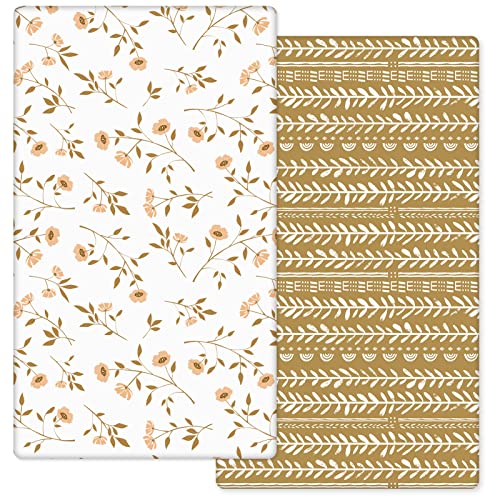 Pack N Play Sheets, 2 Pack Portable Mini Crib Sheets, Soft Jersey Knit Playard Sheets, Play Mattress Covers for Baby Girl Boy, Retro Brown Flower