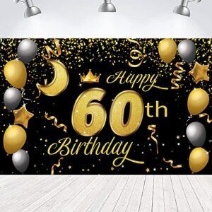 sweet happy 60th birthday backdrop banner poster 60 birthday party decorations 60th birthday party supplies 60th photo background for girls,boys,women,men – black gold 72.8 x 43.3 inch