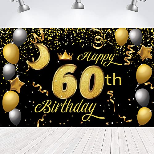 Sweet Happy 60th Birthday Backdrop Banner Poster 60 Birthday Party Decorations 60th Birthday Party Supplies 60th Photo Background for Girls,Boys,Women,Men - Black Gold 72.8 x 43.3 Inch