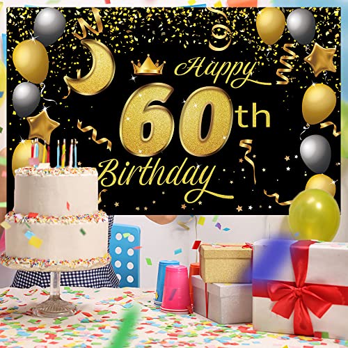 Sweet Happy 60th Birthday Backdrop Banner Poster 60 Birthday Party Decorations 60th Birthday Party Supplies 60th Photo Background for Girls,Boys,Women,Men - Black Gold 72.8 x 43.3 Inch