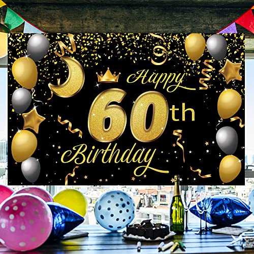 Sweet Happy 60th Birthday Backdrop Banner Poster 60 Birthday Party Decorations 60th Birthday Party Supplies 60th Photo Background for Girls,Boys,Women,Men - Black Gold 72.8 x 43.3 Inch