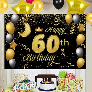 Sweet Happy 60th Birthday Backdrop Banner Poster 60 Birthday Party Decorations 60th Birthday Party Supplies 60th Photo Background for Girls,Boys,Women,Men - Black Gold 72.8 x 43.3 Inch