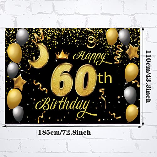 Sweet Happy 60th Birthday Backdrop Banner Poster 60 Birthday Party Decorations 60th Birthday Party Supplies 60th Photo Background for Girls,Boys,Women,Men - Black Gold 72.8 x 43.3 Inch