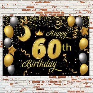 Sweet Happy 60th Birthday Backdrop Banner Poster 60 Birthday Party Decorations 60th Birthday Party Supplies 60th Photo Background for Girls,Boys,Women,Men - Black Gold 72.8 x 43.3 Inch