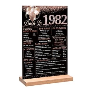 vlipoeasn 41st birthday anniversary table decoration 1982 poster for women, rose gold back in 1982 acrylic table sign with wooden stand, 41 year old birthday party centerpieces gift supplies