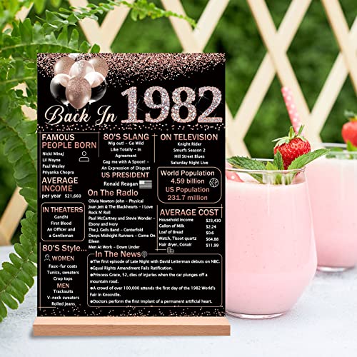 Vlipoeasn 41st Birthday Anniversary Table Decoration 1982 Poster for Women, Rose Gold Back in 1982 Acrylic Table Sign with Wooden Stand, 41 Year Old Birthday Party Centerpieces Gift Supplies