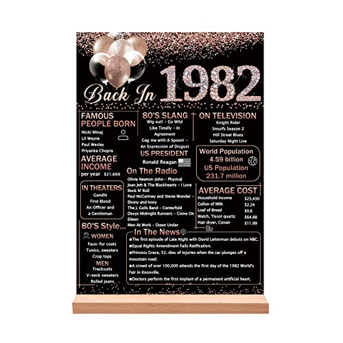 Vlipoeasn 41st Birthday Anniversary Table Decoration 1982 Poster for Women, Rose Gold Back in 1982 Acrylic Table Sign with Wooden Stand, 41 Year Old Birthday Party Centerpieces Gift Supplies