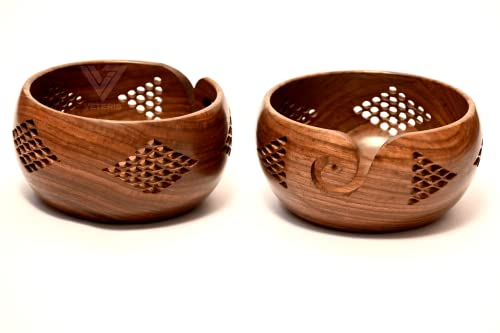 VETERIS Crafted Yarn Storage Bowls with Decorative Carved Handmade Grills - Knitting & Crochet Accessories Supplies