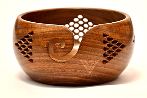 VETERIS Crafted Yarn Storage Bowls with Decorative Carved Handmade Grills - Knitting & Crochet Accessories Supplies