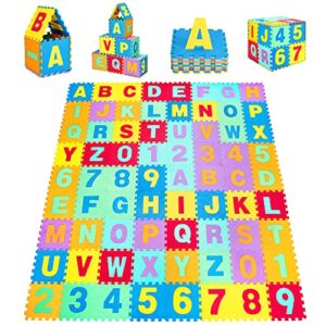costzon 72 pieces baby play mat w/fence, baby 0.4” thick eva baby crawling mat w/detachable numbers, waterproof soft playmat for toddler infants (72 pieces, alphabet + numbers)
