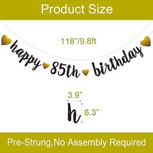 Happy 85th Birthday Banner, Pre-Strung,Black Glitter Paper Garlands for 85th Birthday Party Decorations Supplies, No Assembly Required,Black,SUNbetterland