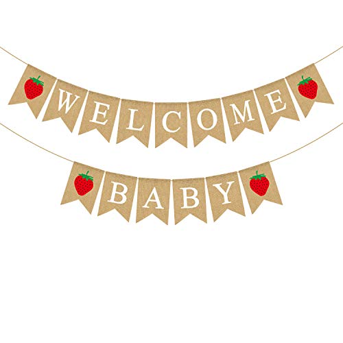 Rainlemon Jute Burlap Welcome Baby Banner with Strawberry Baby Shower Party Bunting Garland Decoration