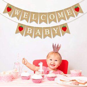 Rainlemon Jute Burlap Welcome Baby Banner with Strawberry Baby Shower Party Bunting Garland Decoration