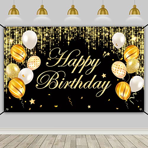 Happy Birthday Banner, Happy Birthday Yard Sign Background, Indoor Outdoor Birthday Backdrop, Party Decorations Banner for Women Men Boys Girls. (Black Gold)