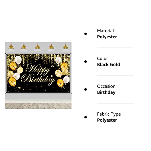 Happy Birthday Banner, Happy Birthday Yard Sign Background, Indoor Outdoor Birthday Backdrop, Party Decorations Banner for Women Men Boys Girls. (Black Gold)