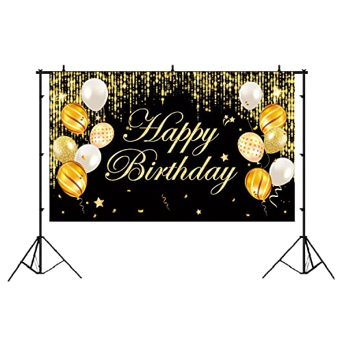 Happy Birthday Banner, Happy Birthday Yard Sign Background, Indoor Outdoor Birthday Backdrop, Party Decorations Banner for Women Men Boys Girls. (Black Gold)