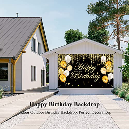 Happy Birthday Banner, Happy Birthday Yard Sign Background, Indoor Outdoor Birthday Backdrop, Party Decorations Banner for Women Men Boys Girls. (Black Gold)