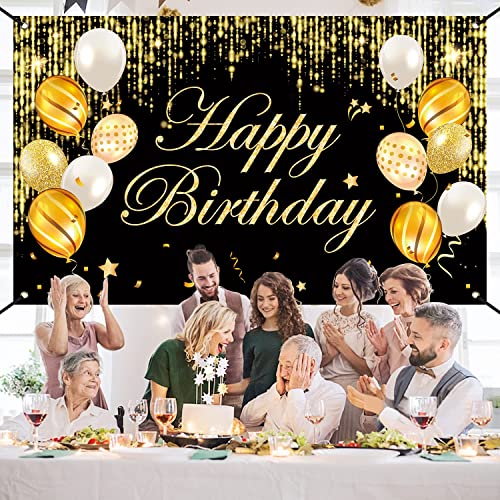 Happy Birthday Banner, Happy Birthday Yard Sign Background, Indoor Outdoor Birthday Backdrop, Party Decorations Banner for Women Men Boys Girls. (Black Gold)