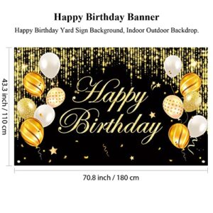 Happy Birthday Banner, Happy Birthday Yard Sign Background, Indoor Outdoor Birthday Backdrop, Party Decorations Banner for Women Men Boys Girls. (Black Gold)