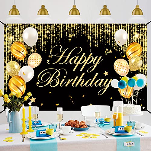 Happy Birthday Banner, Happy Birthday Yard Sign Background, Indoor Outdoor Birthday Backdrop, Party Decorations Banner for Women Men Boys Girls. (Black Gold)