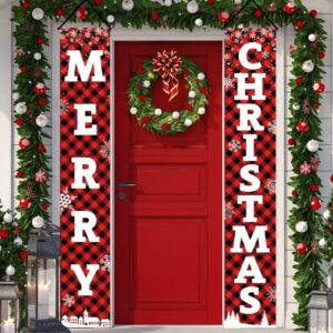 christmas porch banner decorations – merry christmas buffalo plaid front porch door banner sign – xmas hanging banner decor for outdoor home yard indoor outside wall holiday party