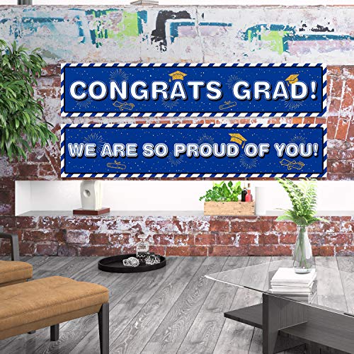 Whaline 2 Pack Congrats Grad Banner Graduation Hanging Banners Graduation Photo Booth Backdrop Decor with Delicate Patterns for Commencement Ceremony, Graduation Party Supplies (Blue)