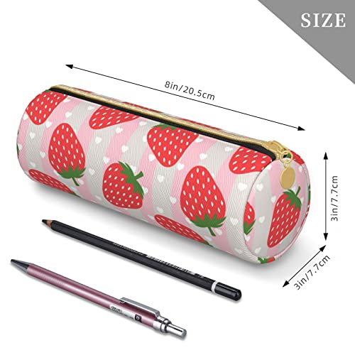 DCARSETCV Pink Strawberry Pencil Case Cute Pen Case Cylinder Leather Pencil Pouch Office Pencil Box Bag Gifts For Adults Teen School Girls Boys