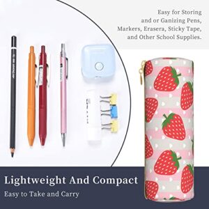 DCARSETCV Pink Strawberry Pencil Case Cute Pen Case Cylinder Leather Pencil Pouch Office Pencil Box Bag Gifts For Adults Teen School Girls Boys