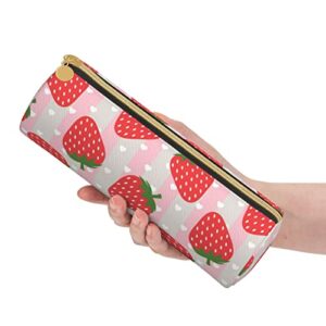 DCARSETCV Pink Strawberry Pencil Case Cute Pen Case Cylinder Leather Pencil Pouch Office Pencil Box Bag Gifts For Adults Teen School Girls Boys