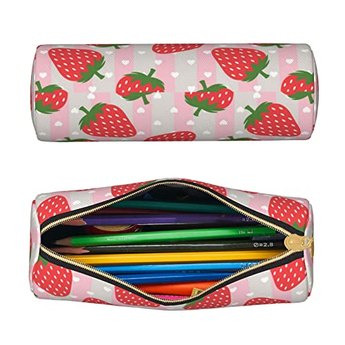 DCARSETCV Pink Strawberry Pencil Case Cute Pen Case Cylinder Leather Pencil Pouch Office Pencil Box Bag Gifts For Adults Teen School Girls Boys