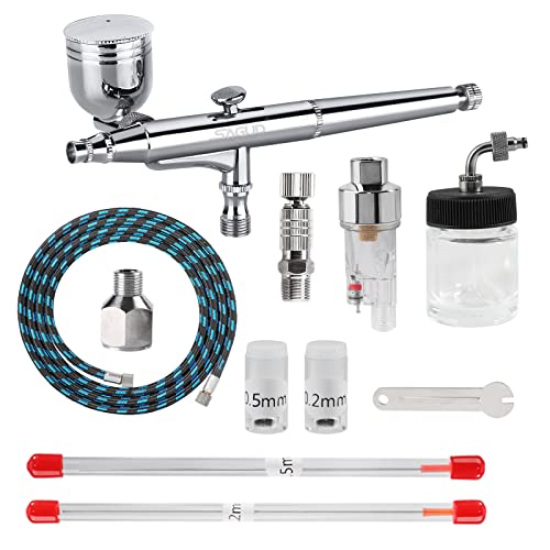 SAGUD Side Feed Airbrush Kit 0.3mm Double Action Air Brush Gun Set with 0.2mm 0.5mm Nozzles Needles Air Caps, Hose, Adapter, Mini Airbrush Filter for Art Painting