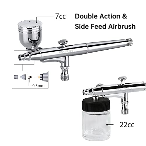 SAGUD Side Feed Airbrush Kit 0.3mm Double Action Air Brush Gun Set with 0.2mm 0.5mm Nozzles Needles Air Caps, Hose, Adapter, Mini Airbrush Filter for Art Painting