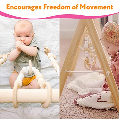 Foldable Wooden Baby Play Gym+Animal Sensory Hanging Rattle Toys(2 PCS)+Baby Teething Toys(3 PCS), with Babies Visual/Cognitive/Sensory Stimulation-for Babies 0-12 Month