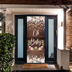 ZDX Oh Baby Door Banner Photo Rustic Floral Wood Backdrop Decorations Baby Shower Newborn Party Door Hanger Cover Sign Supplies Poster Background Decor 72.8 x 35.4in