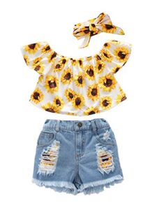 toddler kids summer 2pcs baby girl off shoulder lace flower sling tops with ripped shorts jeans clothes set (h# sunflower top & floral shorts, 3-4 years)