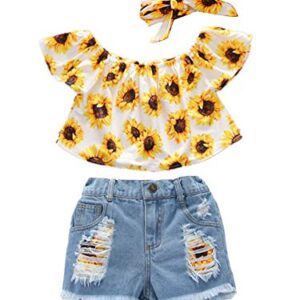 Toddler Kids Summer 2Pcs Baby Girl Off Shoulder Lace Flower Sling Tops with Ripped Shorts Jeans Clothes Set (H# Sunflower Top & Floral Shorts, 3-4 Years)