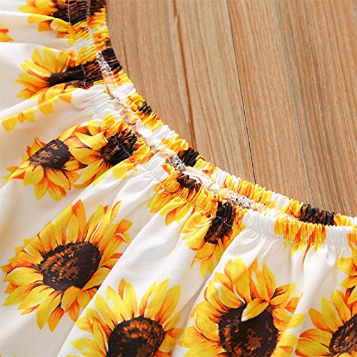 Toddler Kids Summer 2Pcs Baby Girl Off Shoulder Lace Flower Sling Tops with Ripped Shorts Jeans Clothes Set (H# Sunflower Top & Floral Shorts, 3-4 Years)