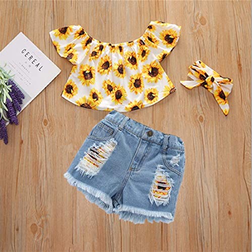 Toddler Kids Summer 2Pcs Baby Girl Off Shoulder Lace Flower Sling Tops with Ripped Shorts Jeans Clothes Set (H# Sunflower Top & Floral Shorts, 3-4 Years)