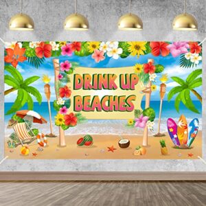 yoaokiy beach theme party decorations drink up beaches banner backdrop, hawaii party luau summer party background sign decor, tropical bachelorette poster party supplies
